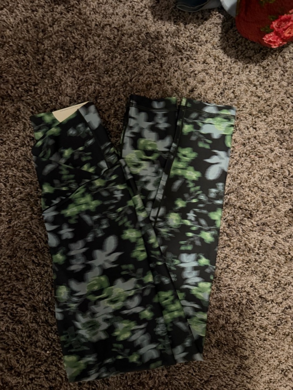 aerie Black Leggings with Green Floral Accent